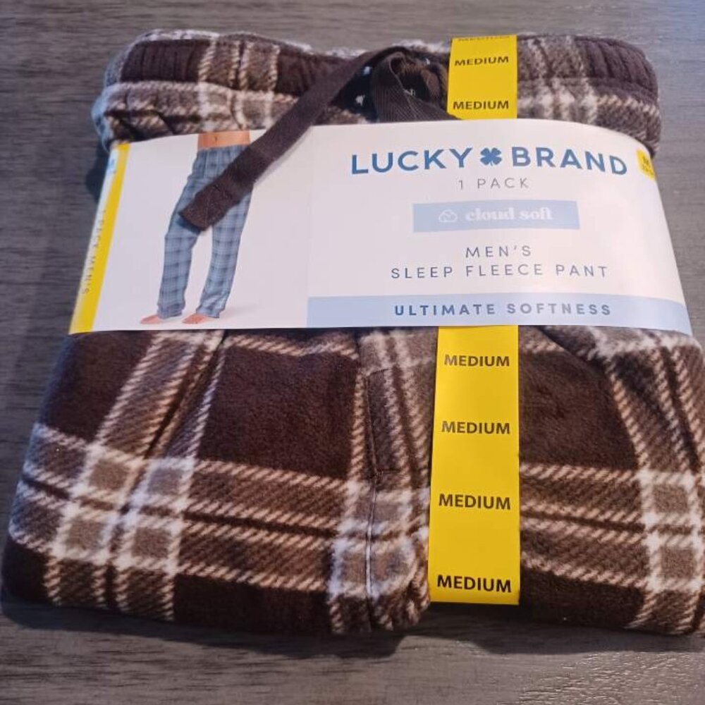 Lucky Men's Sleep Pants, Brown Plaid, Super Soft Fleece, Size Medium (32-34)